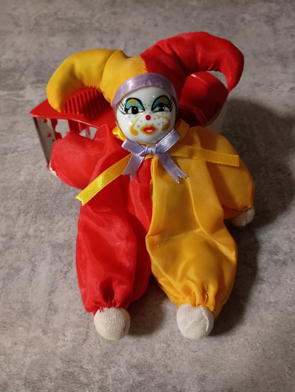 Red & Yellow Clown Doll Jester Filled With Sand Hand Painted Porcelain Face